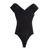 Black Bodycon Draped Ruched Off Shoulder One Piece Bodysuit